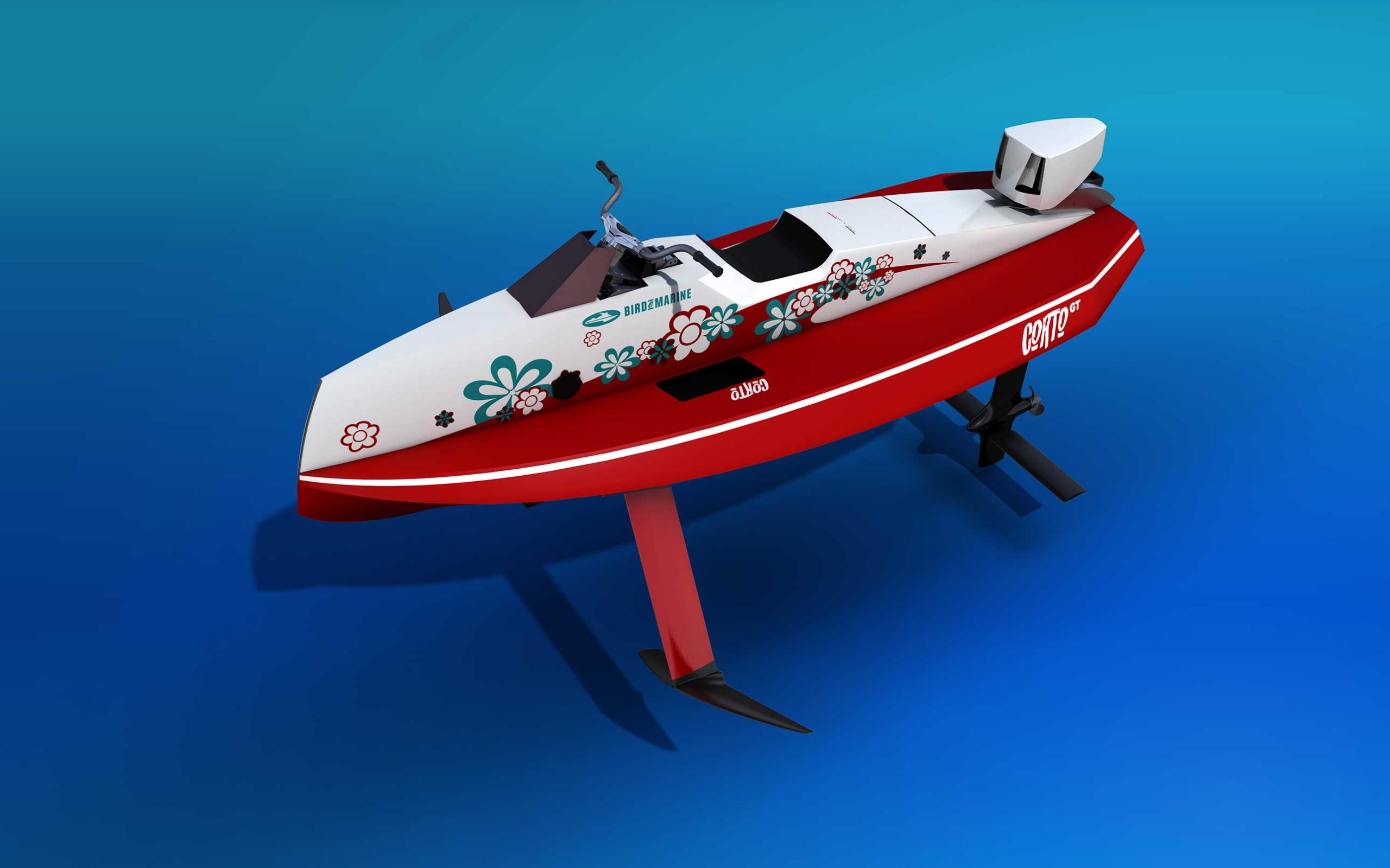 Le Cyberfoil Corto GT par Bird-e-Marine modèle BeachBoy-Red vue trois quart